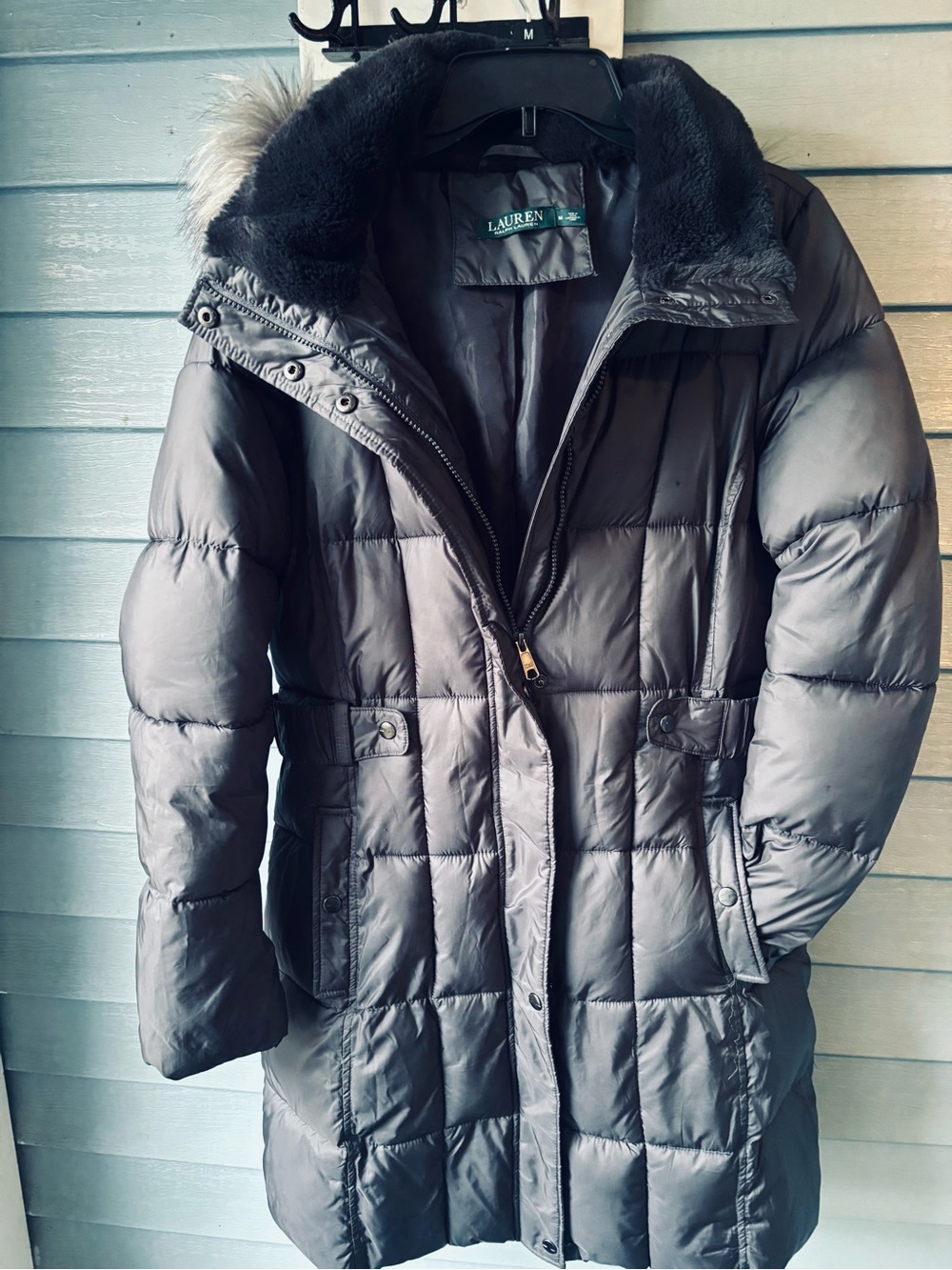 Lauren Ralph Lauren Women's Black Quilted Puffer Coat with Faux Fur Collar